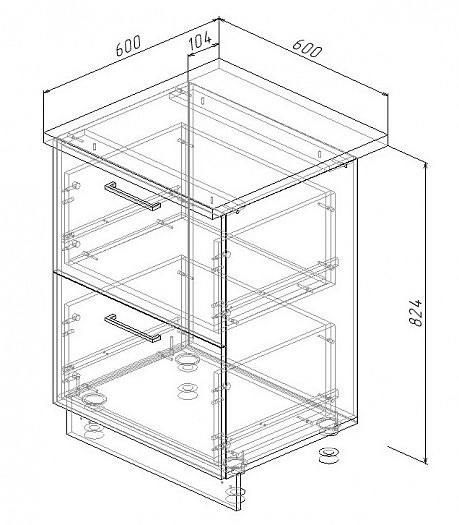Модуль нижний 2 ящика "Гранж" Арт. МН2Я 60 (без столешницы) - схема